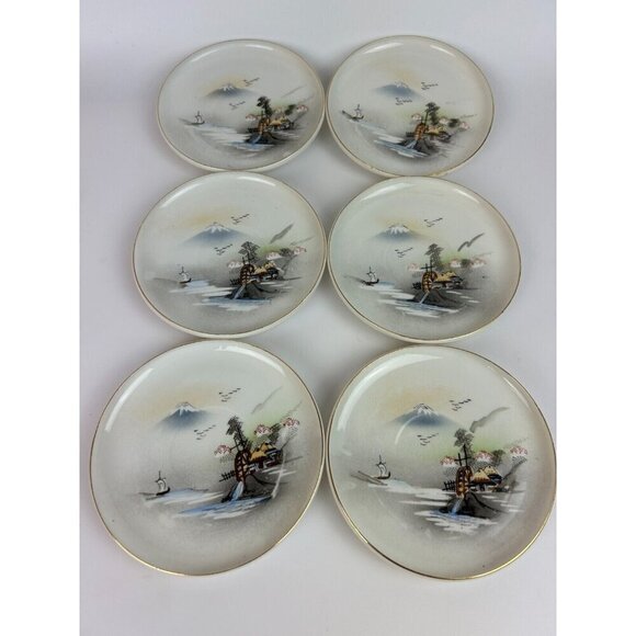 Japanese Kutani Porcelain Meiji 1850s Artwork Set of 6 Saucers Gold Rim RARE - Picture 1 of 8